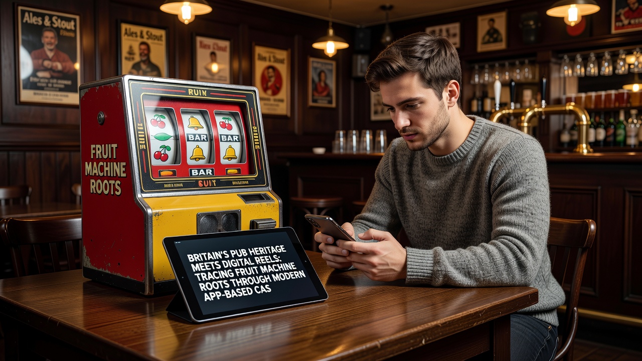 Modern smartphone screen displaying app-based fruit machine game with digital reels and pub-themed graphics