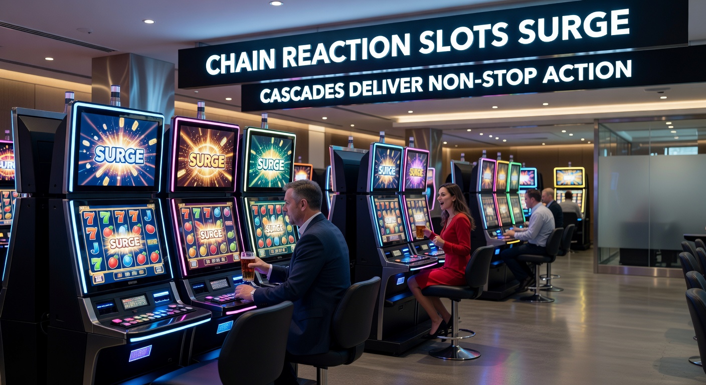 Close-up of a chain reaction slot screen showing multiple cascades, multipliers escalating, and jackpot symbols aligning