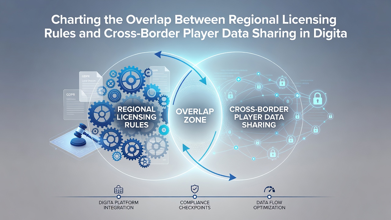Flowchart showing data exchange pathways between licensed gaming operators and regulatory bodies across different regions