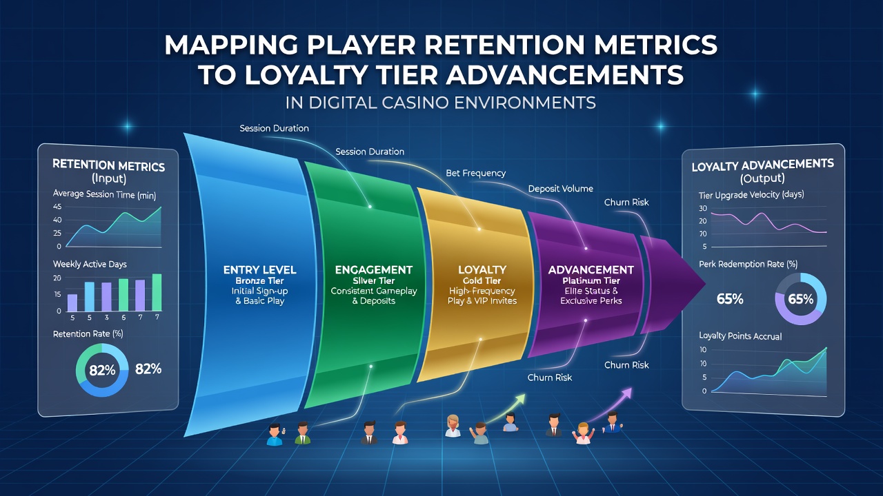 Infographic illustrating retention metrics flowing into loyalty tier upgrades across casino platforms