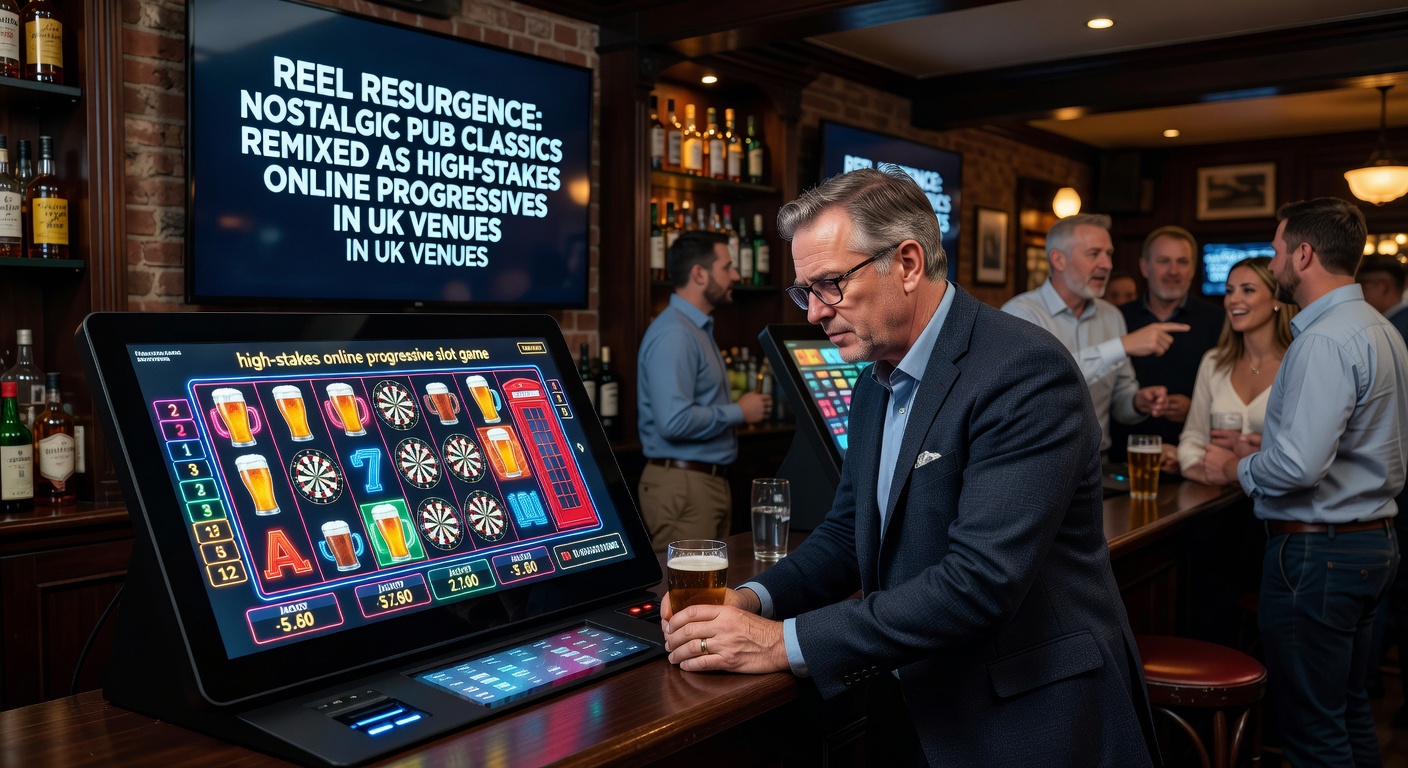 Close-up of a high-stakes progressive jackpot screen on a pub classic remix, with networked pots climbing and nostalgic fruit symbols amid neon effects