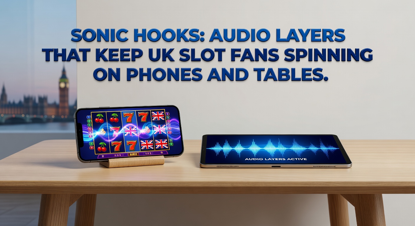 Close-up of a tablet displaying a slot game bonus round with glowing audio waveforms and immersive sound icons, highlighting sonic engagement for UK players