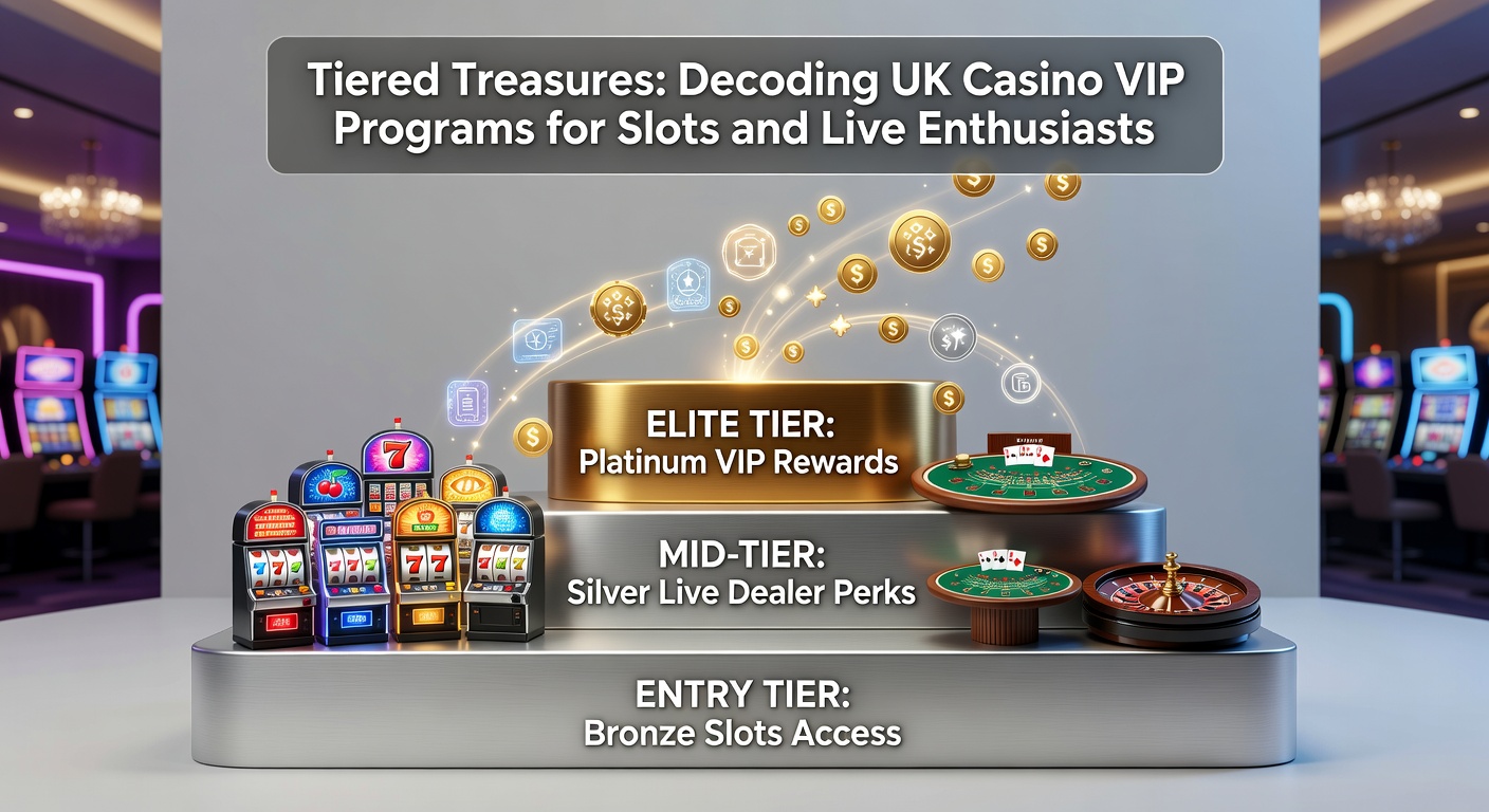 Close-up of a VIP card glowing with tier badges, surrounded by slot symbols and live casino chips, symbolizing rewards for high-rollers