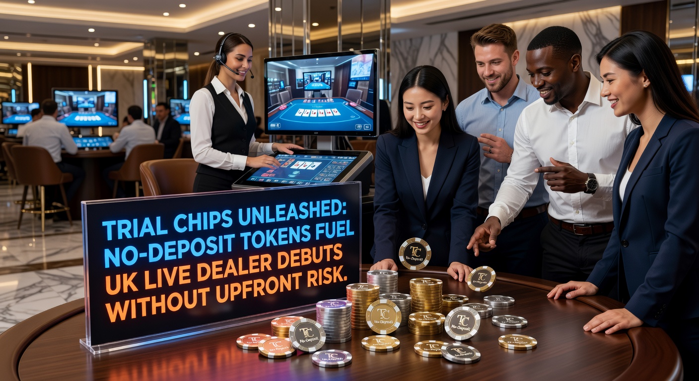 Close-up of a dealer's hands distributing cards in a live blackjack game, with glowing no-deposit token indicators on the digital betting interface highlighting risk-free play