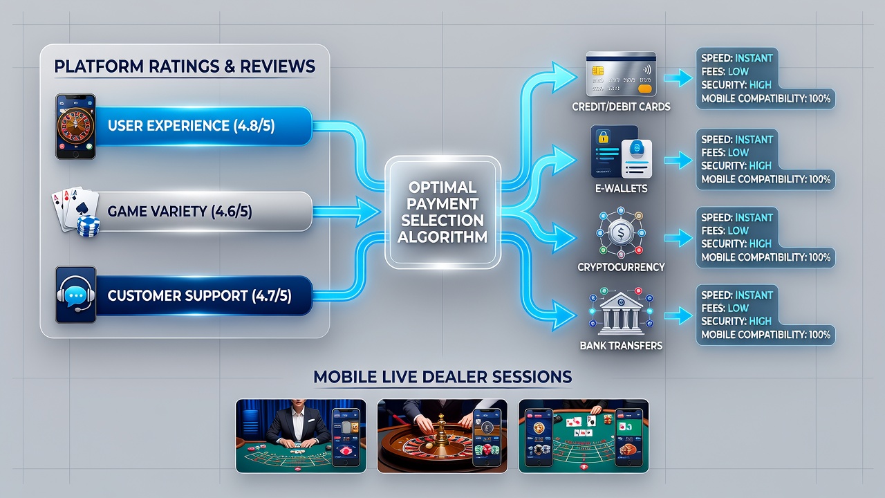 Mobile interface showing payment options aligned with platform performance metrics for live dealer games